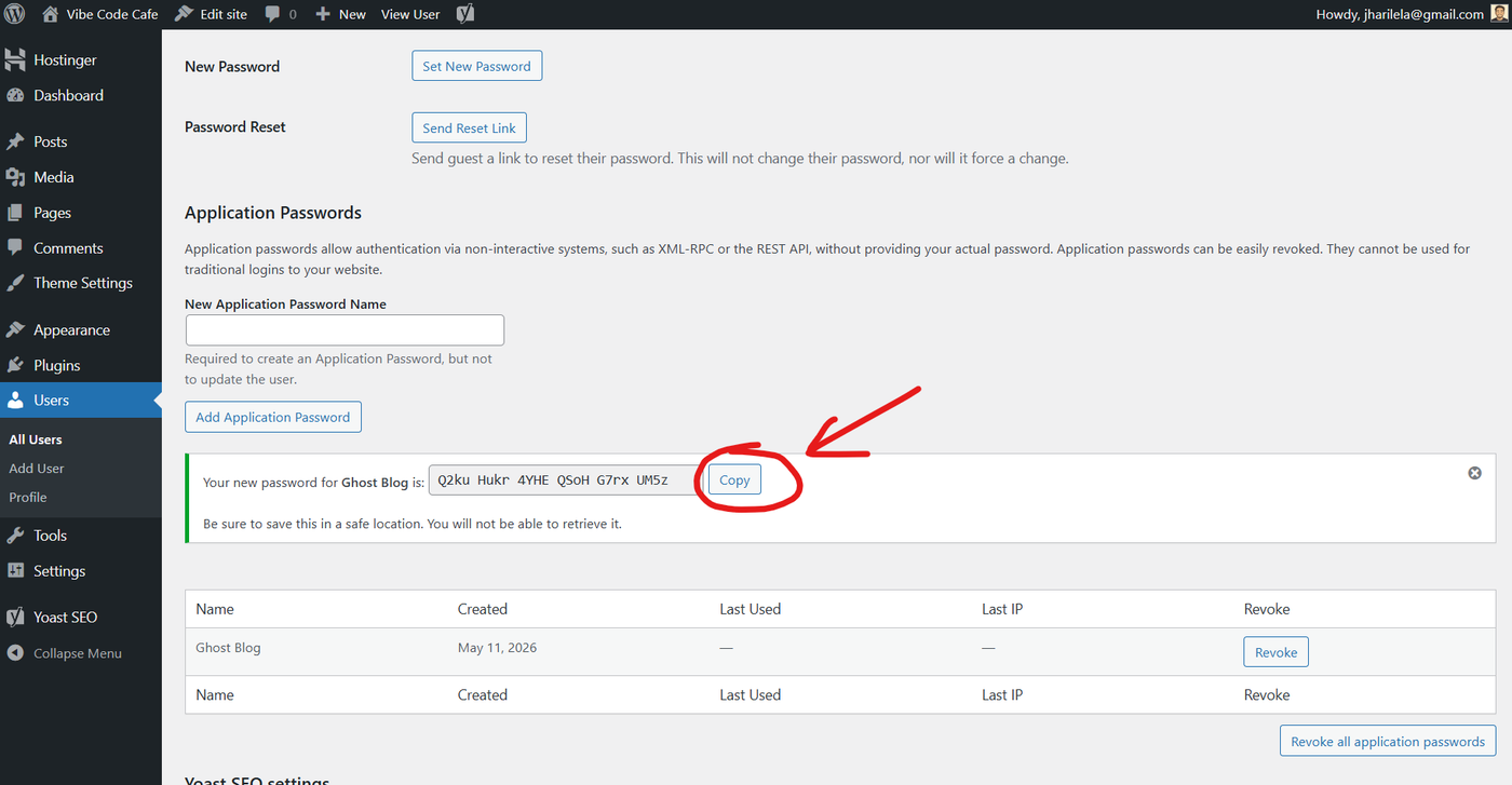 copy wordpress application password