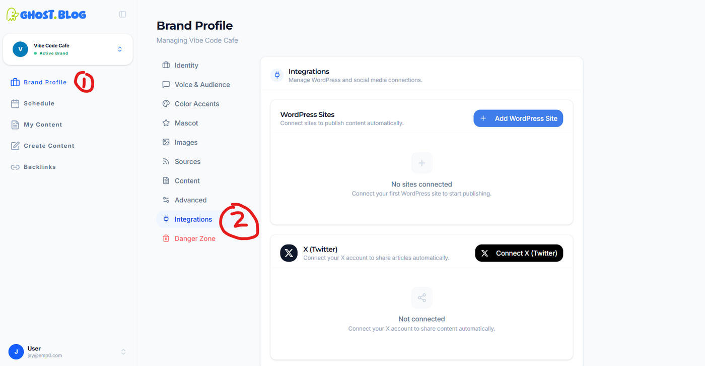 Ghost Blog Integrations Tab