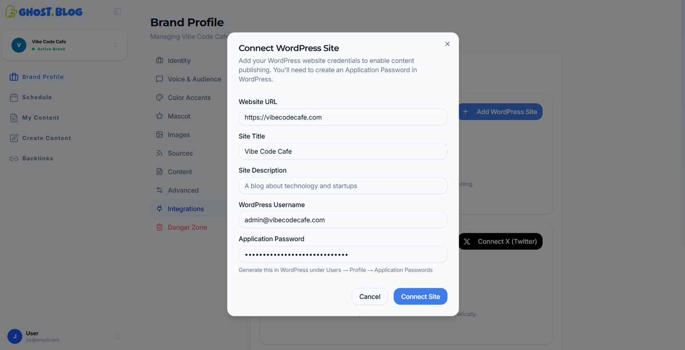 Ghost Blog Add Wordpress Credentials
