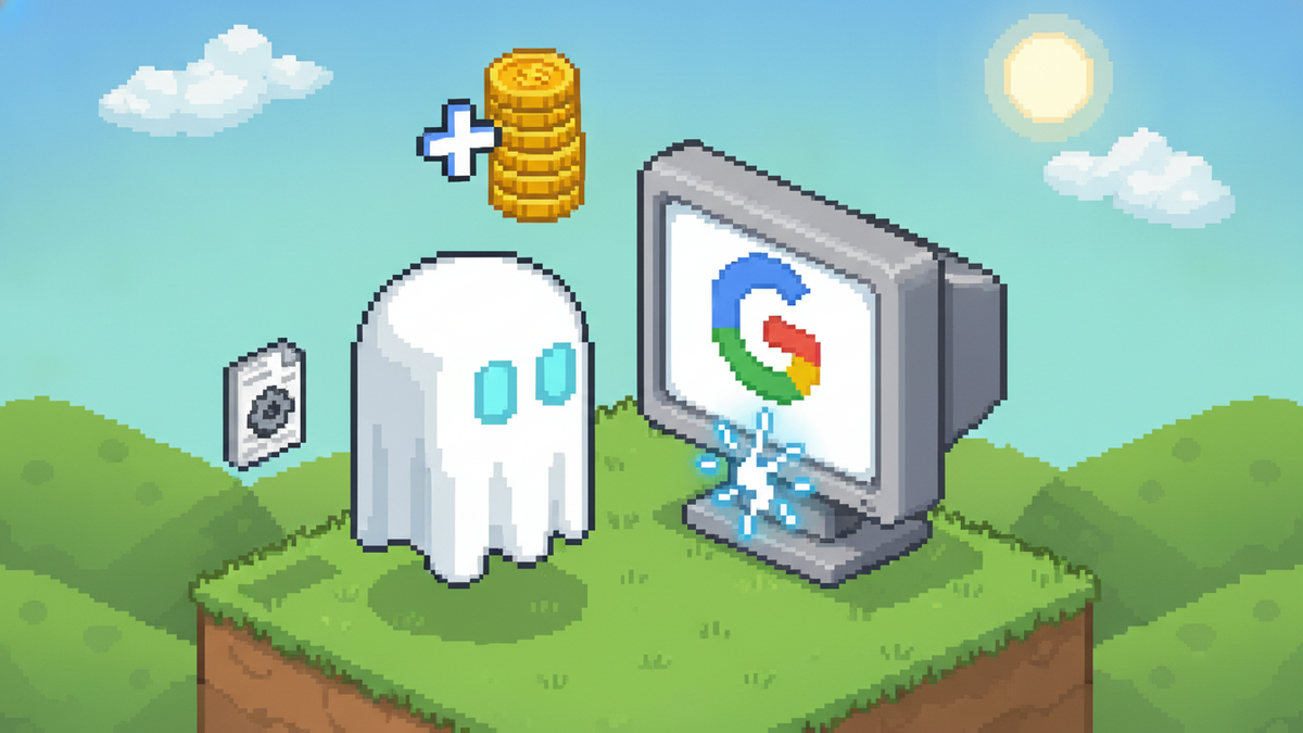 A 16-bit pixel art landscape with rolling green hills and a blue sky. In the foreground, a white sheet ghost mascot with glowing light-blue rectangular eyes and no mouth stands next to a large compute