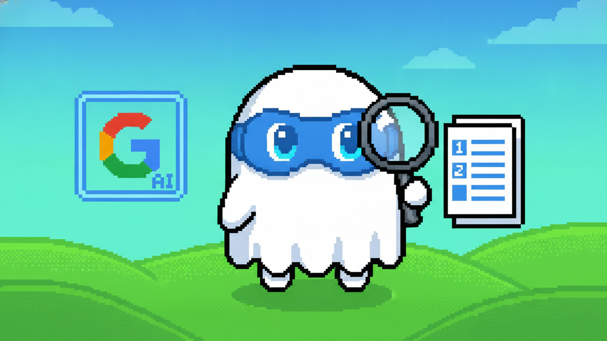 16-bit pixel art, bold outlines. White ghost mascot, blue eyes, blue mask, on green hills. Left: Google G logo in a glowing AI box. Right: Ghost uses magnifying glass on pixel documents with citation