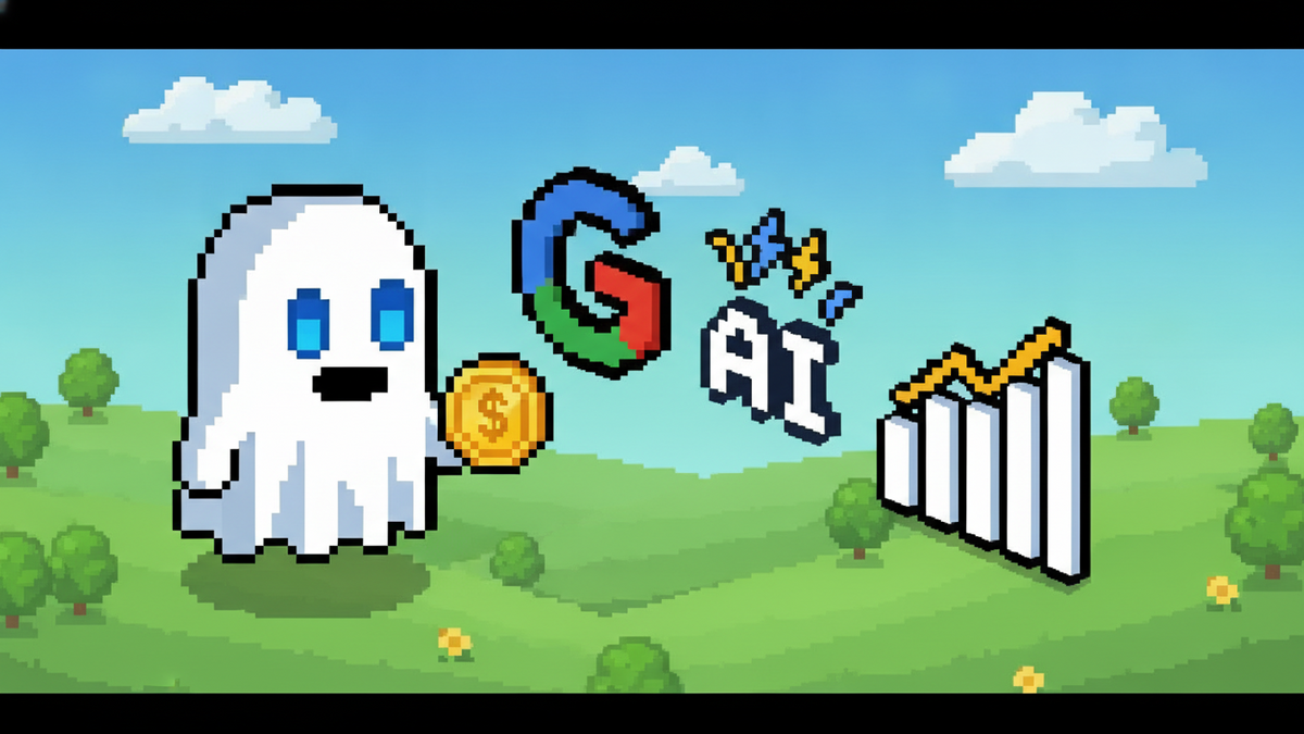 16-bit pixel art: White Ghost (blue rectangular eyes, no mouth) stands by a Google "G" and AI spark icon. Ghost holds a gold coin next to a pixelated growth chart. Green hills, blue sky. Bold outlines