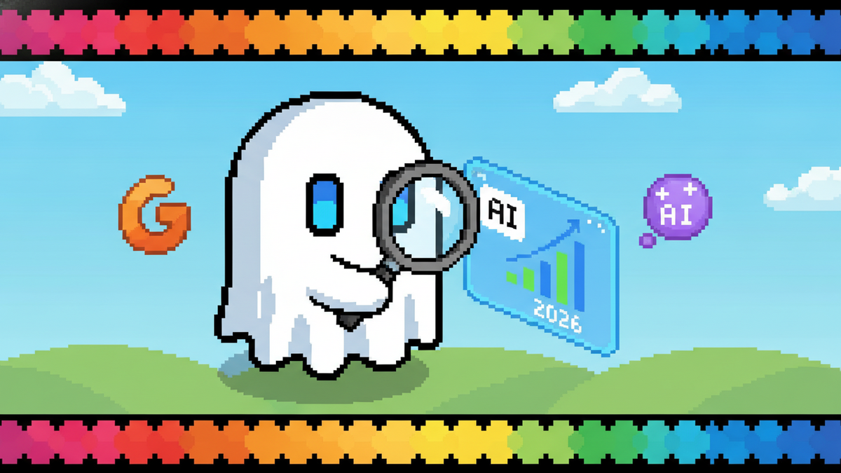 16-bit pixel art header. A white ghost mascot with glowing blue rectangular eyes and no mouth. The ghost holds a magnifying glass, inspecting a floating holographic screen showing a pixelated AI text 