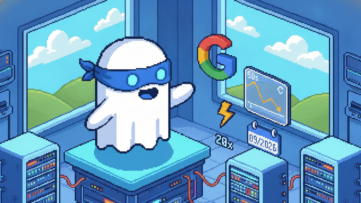 Vibrant 16-bit pixel art header in an isometric style. The white Ghost mascot, wearing a blue bandit mask and with glowing light-blue eyes, stands in a server room overlooking green hills. It gestures