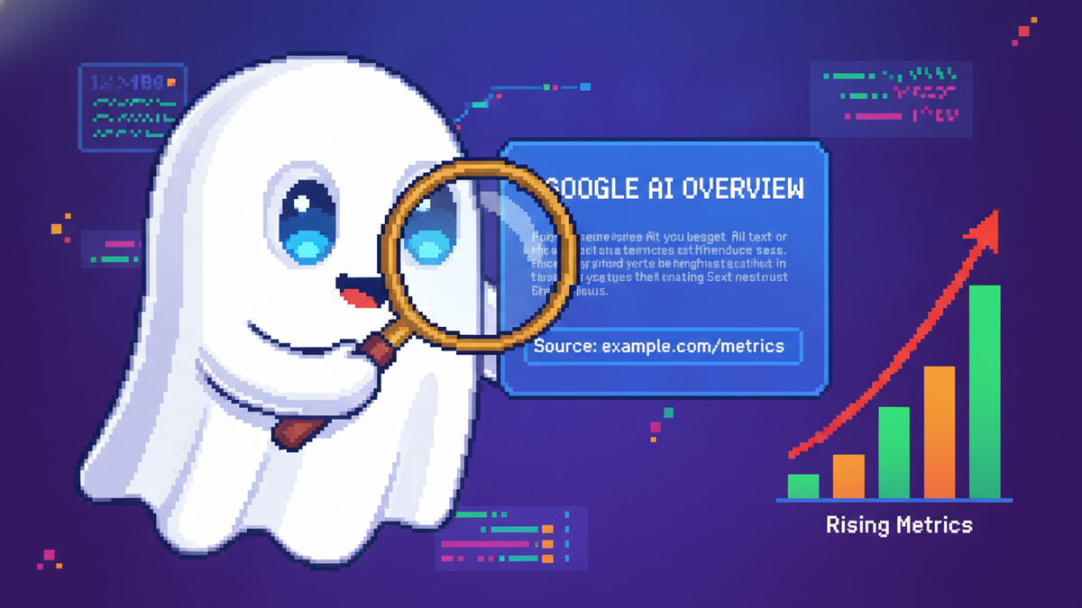 16-bit pixel art of the white ghost mascot with blue glowing eyes analyzing a Google AI Overview box. The ghost uses a magnifying glass to inspect a citation link. A chart shows rising metrics. Vibran