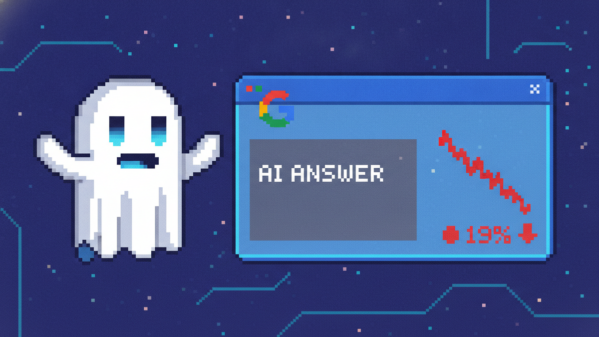 A 16-bit pixel art header. The white Ghost mascot with glowing blue rectangular eyes gestures toward a floating UI screen. The screen shows a Google 'G' logo and a large AI-answer block. A red line ch
