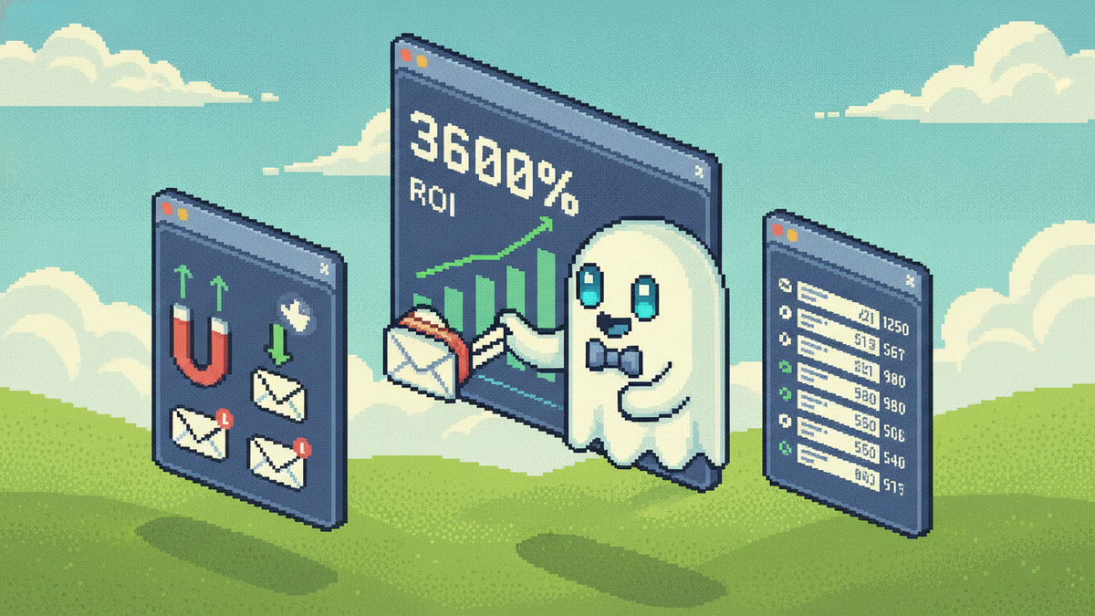 16-bit pixel art Ghost mascot with blue eyes managing an email campaign UI. Features 3600% ROI chart, sorting envelopes, and a magnet icon. Vibrant green hills background, bold outlines, isometric per