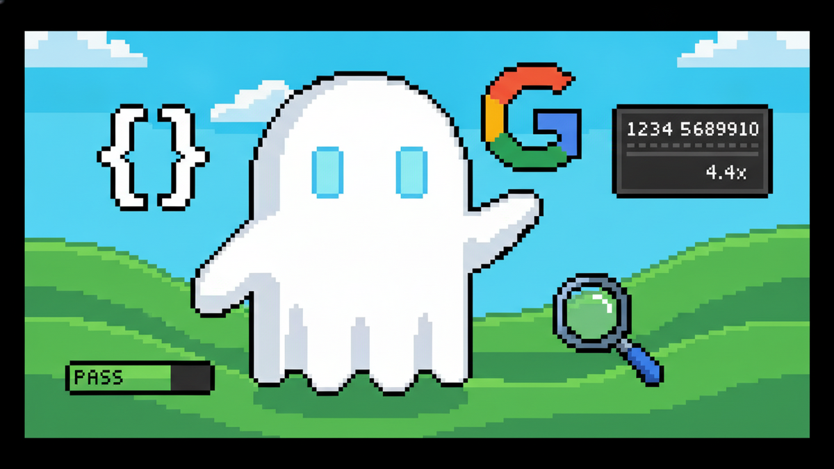 16-bit pixel art of the white ghost mascot with glowing light-blue rectangular eyes and no mouth, standing in a vibrant landscape with rolling green hills. The ghost is gesturing toward a floating Goo