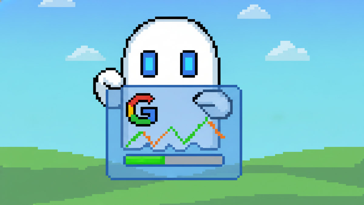 16-bit pixel art, bold outlines. White ghost mascot with blue rectangular eyes monitors a floating UI showing a Google 'G' logo, jagged line charts, and a progress bar. Pixelated green hills backgroun