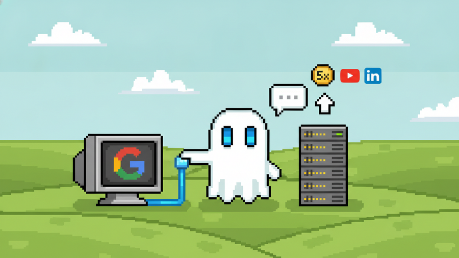 A 16-bit pixel art header image. In a scenic landscape of green hills and pixel clouds, the white Ghost mascot with glowing blue rectangular eyes stands centrally. The Ghost is holding a glowing blue
