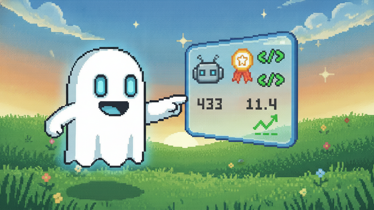 16-bit pixel art, white ghost mascot, glowing light-blue rectangular eyes, no mouth, bold outlines. Ghost gestures at a floating AI computer screen in a green field. Screen shows robot icon, citation