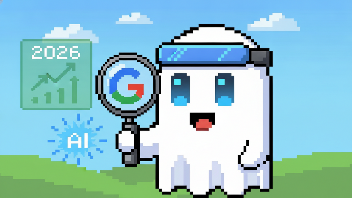 16-bit pixel art. White ghost mascot with blue rectangular eyes and tech visor holds a magnifying glass over a Google G logo and AI spark. A floating green chart displays '2026' with upward arrows. Sc