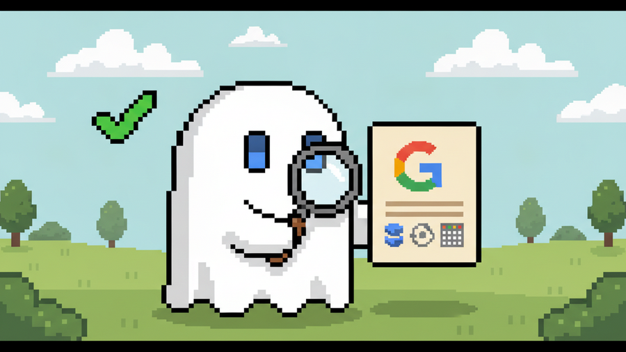 A 16-bit pixel art header illustration. The central white ghost mascot, featuring glowing blue rectangular eyes and no mouth, uses a pixelated magnifying glass to inspect a floating document. The docu