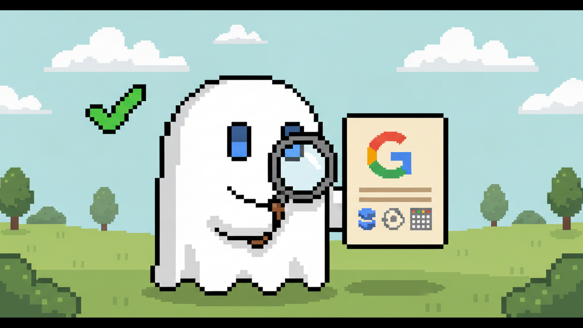 A 16-bit pixel art header illustration. The central white ghost mascot, featuring glowing blue rectangular eyes and no mouth, uses a pixelated magnifying glass to inspect a floating document. The docu