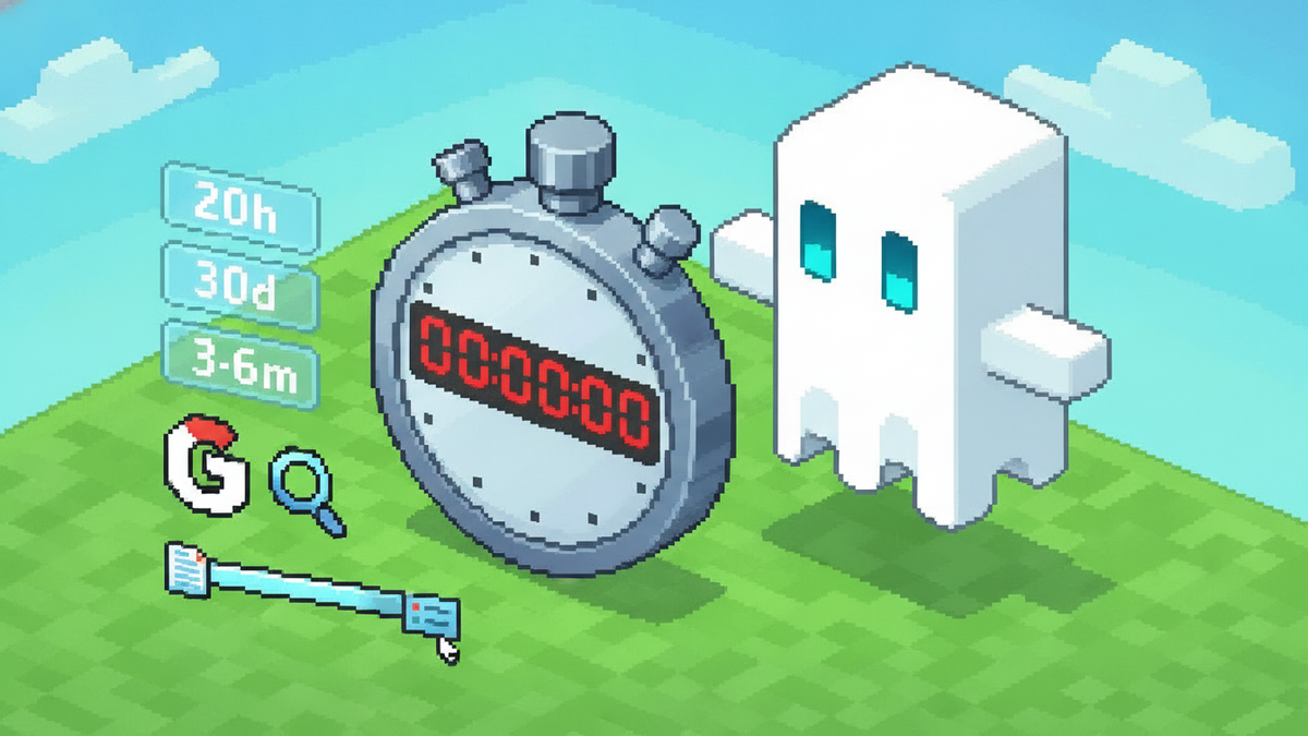 16-bit pixel art, isometric perspective. A white ghost mascot with glowing blue rectangular eyes stands in a vibrant landscape of green hills and blue sky. The ghost gestures toward a giant digital st