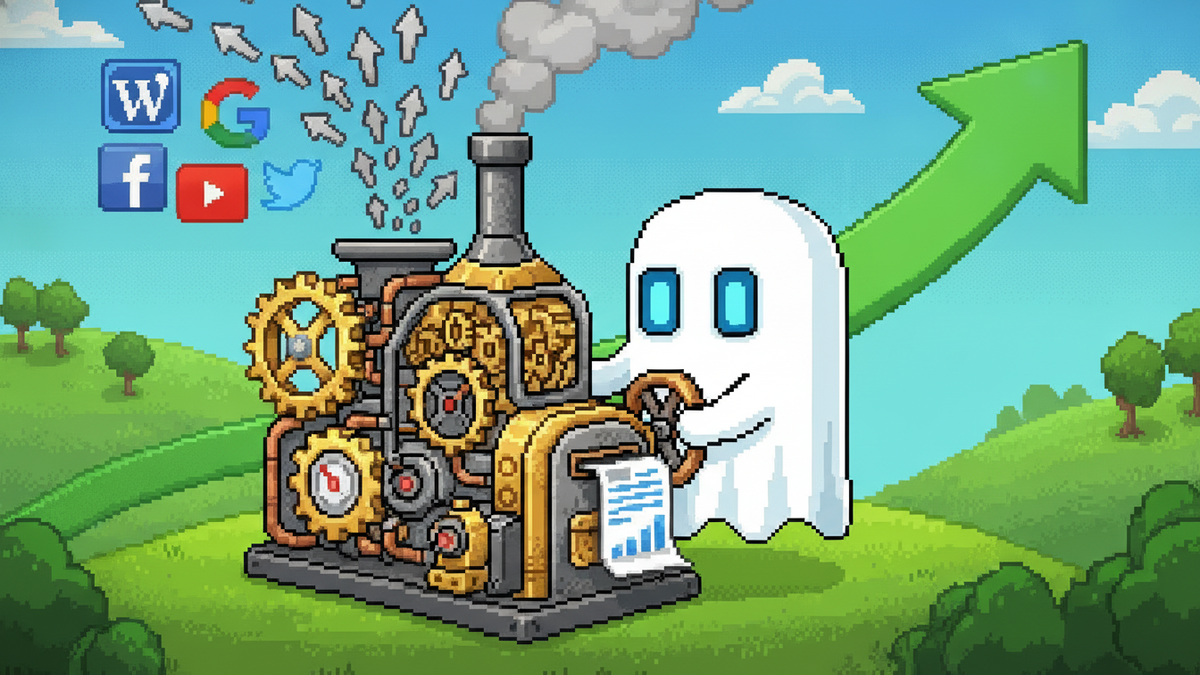 16-bit pixel art, 2D perspective. A white ghost mascot with glowing blue rectangular eyes and no mouth stands in a scenic green landscape. The ghost is operating a large, intricate mechanical engine c