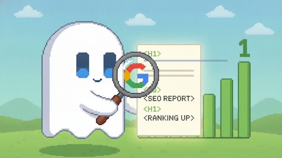 16-bit pixel art. White ghost mascot (blue rectangular eyes, no mouth) inspecting a document with <h1> tags using a magnifying glass. A Google G logo scans the page. A green bar chart shows an upward