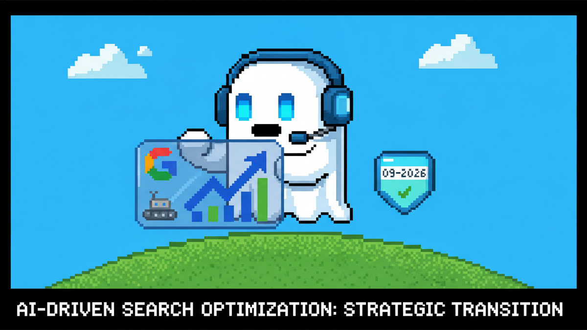 A 16-bit pixel art illustration featuring the white Ghost mascot with glowing blue rectangular eyes, wearing a blue technical headset. It stands on a vibrant green pixelated hill under a bright blue s