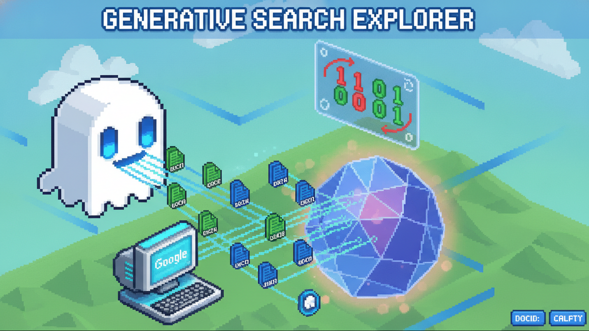 16-bit pixel art header. A white ghost mascot with glowing blue rectangular eyes floats in front of a futuristic Google terminal. Streams of pixelated documents (docIDs) are being sucked into a centra