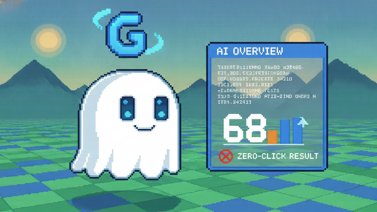 16-bit pixel art. A white ghost mascot with blue rectangular eyes stands in a digital field. It interacts with a floating 'G' logo and an AI Overview window. A chart displays the number '68' with a ze