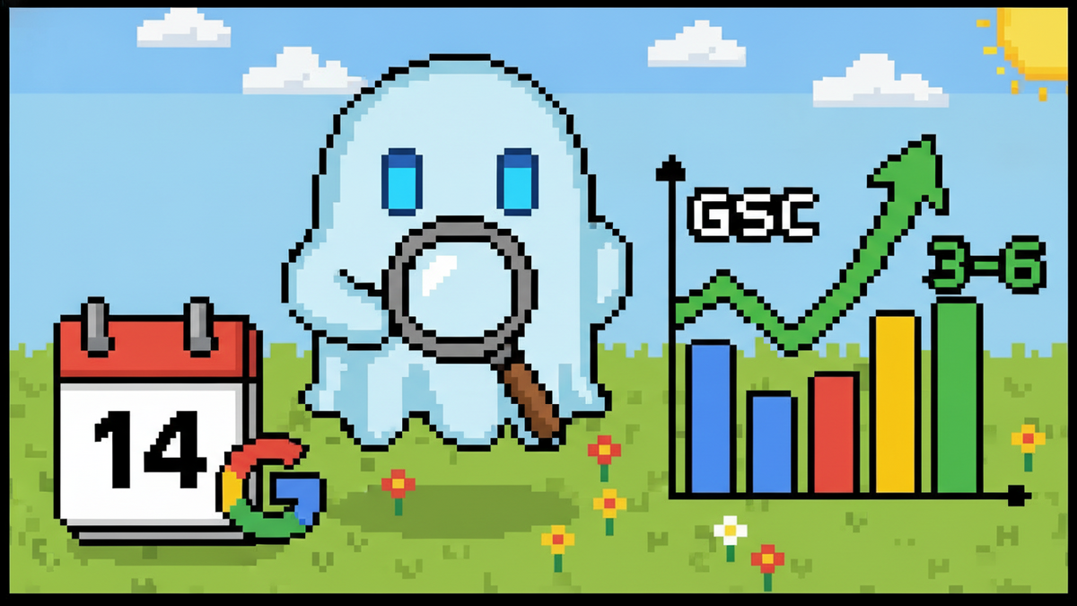 16-bit pixel art: Ghost mascot (blue rectangular eyes, no mouth) in a green field. It uses a magnifying glass on a '14' day calendar and a Google 'G' logo. A GSC graph shows a dip with a rising green 