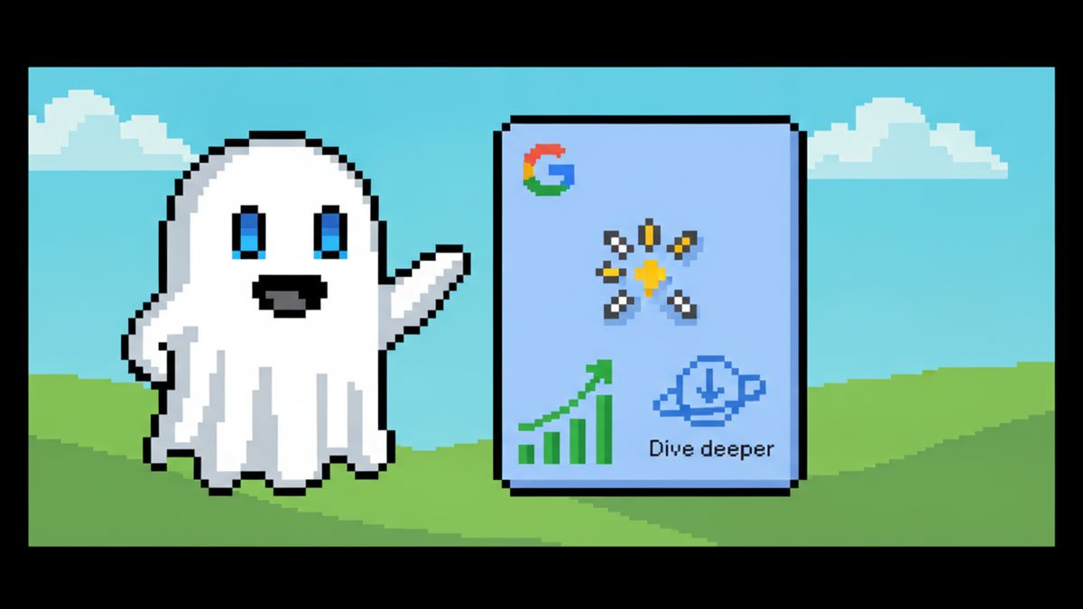16-bit pixel art header. The white sheet ghost mascot with glowing blue rectangular eyes gestures toward a floating Google Discover feed UI. The UI displays the Google 'G' logo, a sparkling AI icon, a