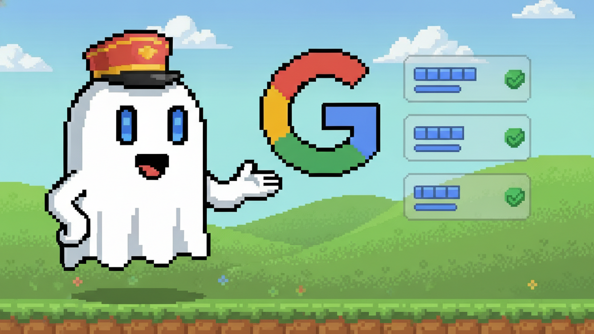 16-bit pixel art: The white ghost mascot with glowing blue rectangular eyes and a concierge cap stands in a green field. It gestures toward a Google 'G' logo and floating UI cards with progress bars a