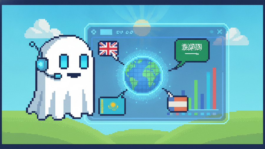 A 16-bit pixel art header for Ghost.blog. The white ghost mascot, with its signature glowing blue rectangular eyes and no mouth, wears a tiny blue translator headset. It floats in front of a glowing d