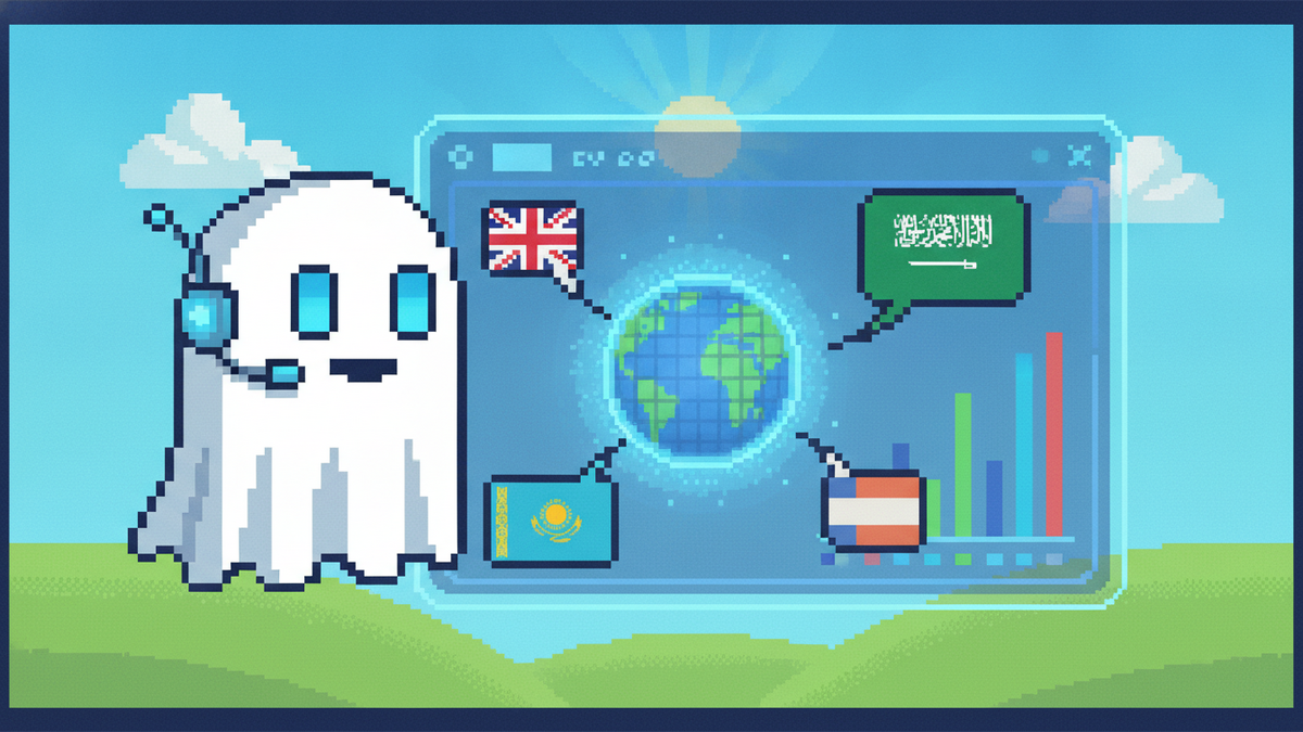 A 16-bit pixel art header for Ghost.blog. The white ghost mascot, with its signature glowing blue rectangular eyes and no mouth, wears a tiny blue translator headset. It floats in front of a glowing d