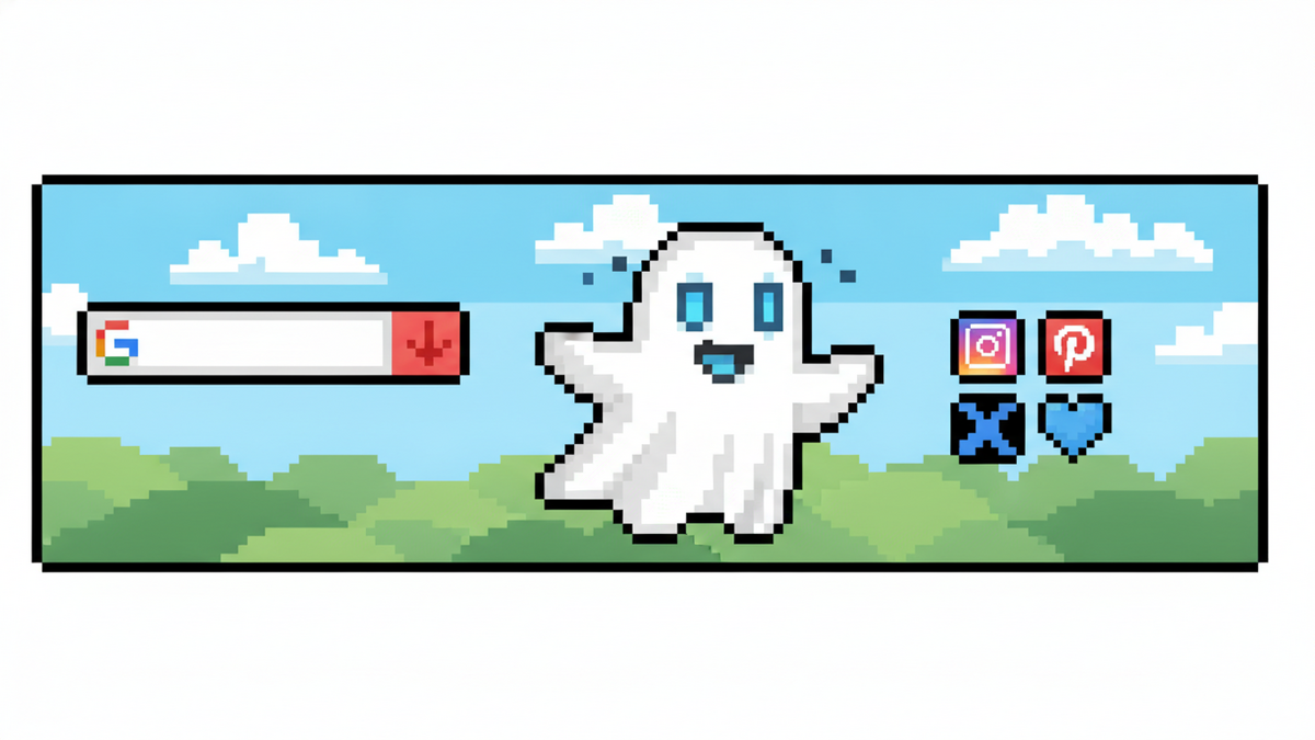 A 16-bit pixel art header. A white sheet ghost with glowing blue rectangular eyes and no mouth stands in a vibrant landscape. To the left, a pixelated search bar with a 'G' logo and a red downward arr
