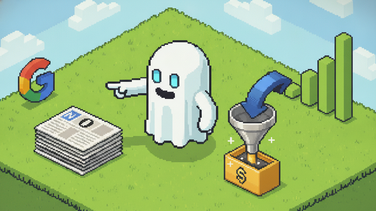 16-bit pixel art, isometric view. A white sheet ghost mascot with glowing light-blue rectangular eyes and no mouth stands in a vibrant green field. The ghost gestures toward a stack of pixelated news 