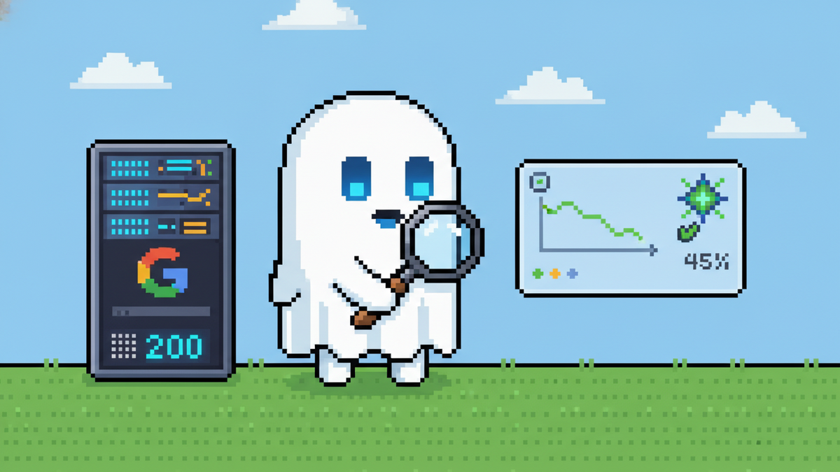 A vibrant 16-bit pixel art header featuring the white ghost mascot with glowing blue rectangular eyes. The ghost stands in a green pixel field, holding a magnifying glass. To the left, a server rack w