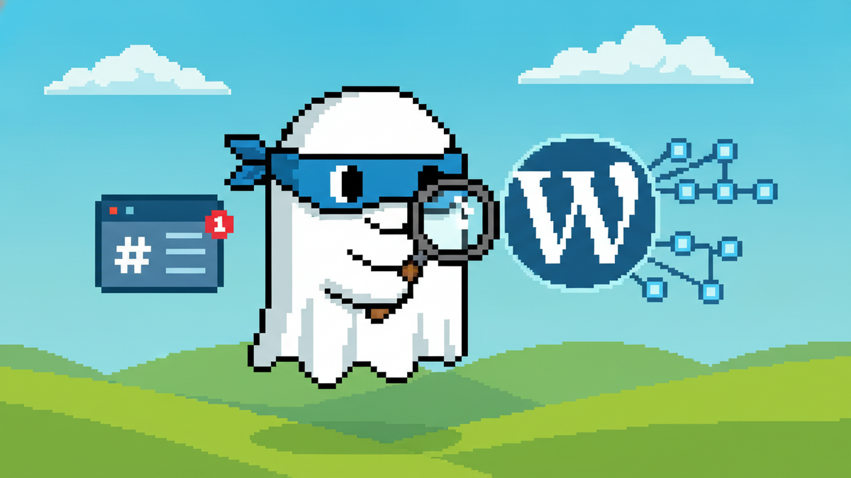A crisp 16-bit pixel art header image featuring the white ghost mascot wearing a blue bandit mask, holding a pixelated magnifying glass. The ghost is analyzing a large, glowing WordPress 'W' logo. To 