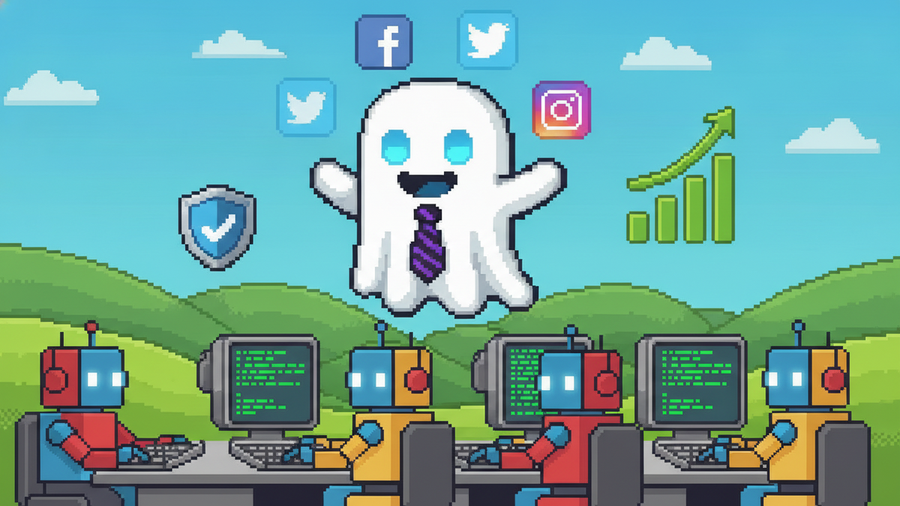 16-bit pixel art: White ghost mascot with glowing blue eyes and no mouth, wearing a tie, managing robot assistants at desks. Set in green hills. Floating social icons, rising growth chart, and securit