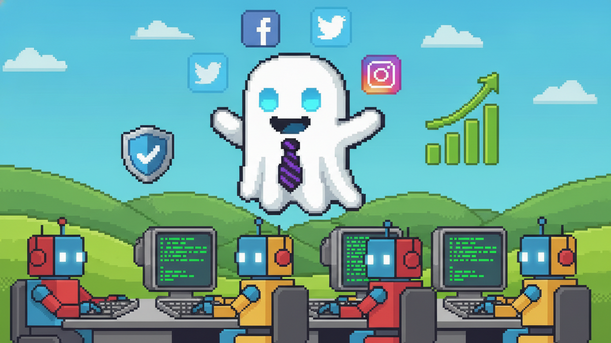 16-bit pixel art: White ghost mascot with glowing blue eyes and no mouth, wearing a tie, managing robot assistants at desks. Set in green hills. Floating social icons, rising growth chart, and securit