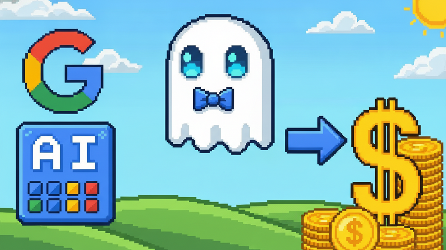 16-bit pixel art. White ghost mascot with blue eyes and tie on green hills. Left: Google G logo and AI UI box. Right: gold coins and $. Blue arrow points from AI to coins. Vibrant colors, bold outline
