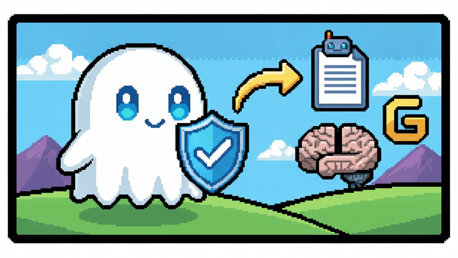 16-bit pixel art. White ghost mascot, blue glowing eyes, no mouth. Holds a blue shield with checkmark on green hills. A file icon with robot head flows via golden arrow to a robotic brain and 'G' logo
