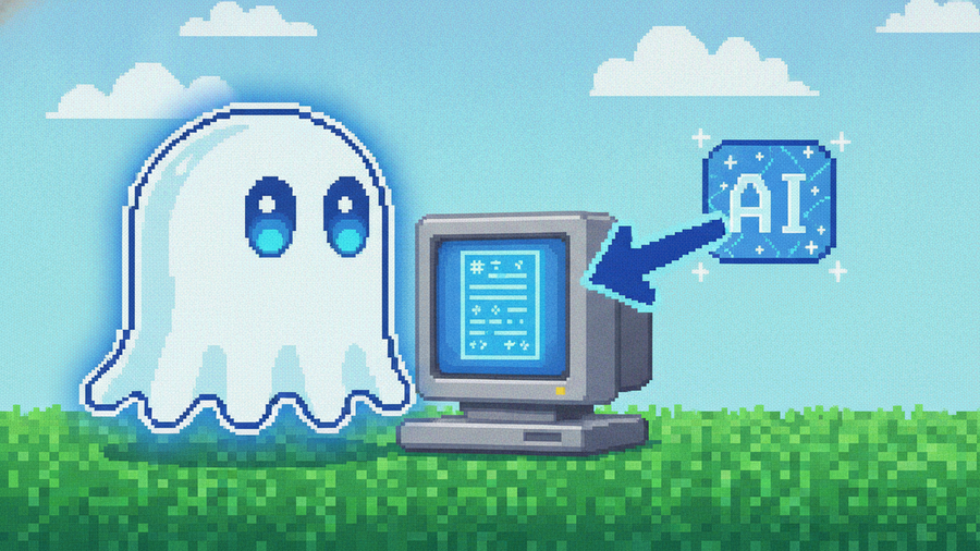 16-bit pixel art. Ghost mascot with glowing blue eyes at a computer in a green field. A sparkling AI icon points a bold arrow to its document, symbolizing a citation. Symbols like # and * represent da