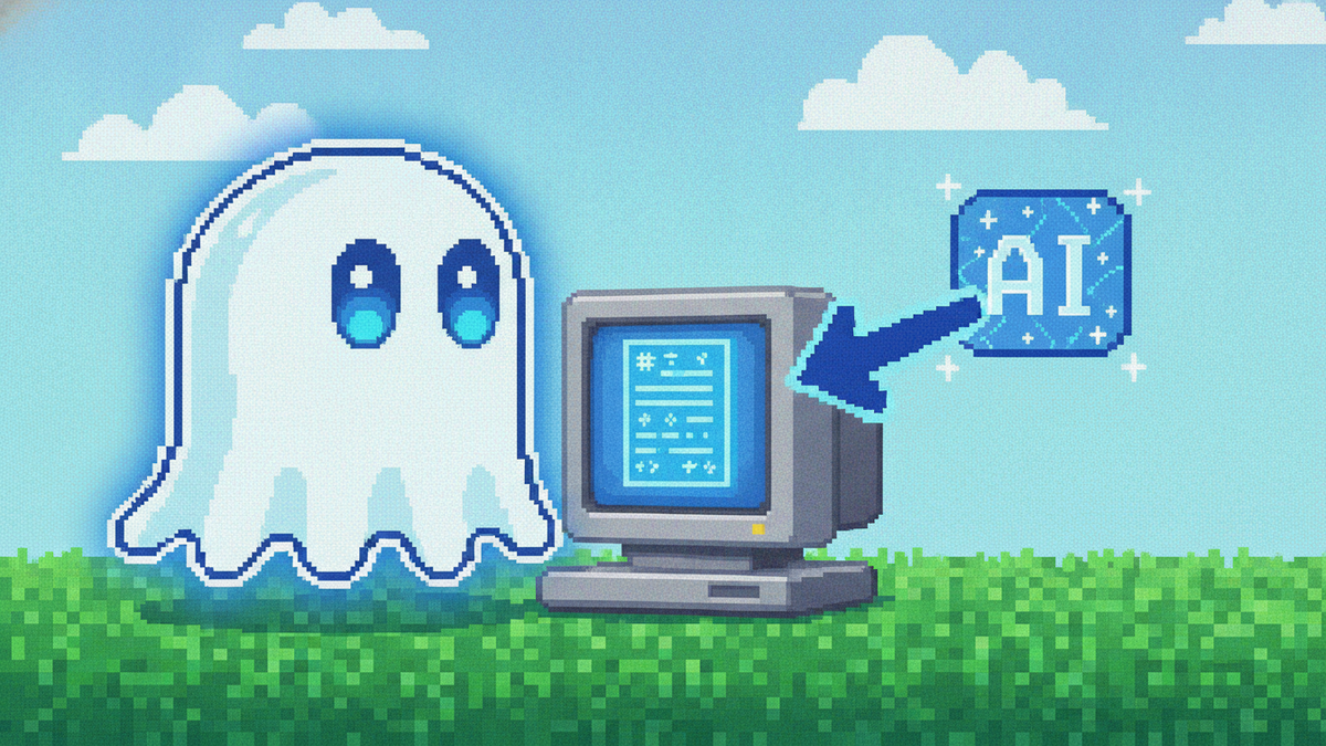 16-bit pixel art. Ghost mascot with glowing blue eyes at a computer in a green field. A sparkling AI icon points a bold arrow to its document, symbolizing a citation. Symbols like # and * represent da