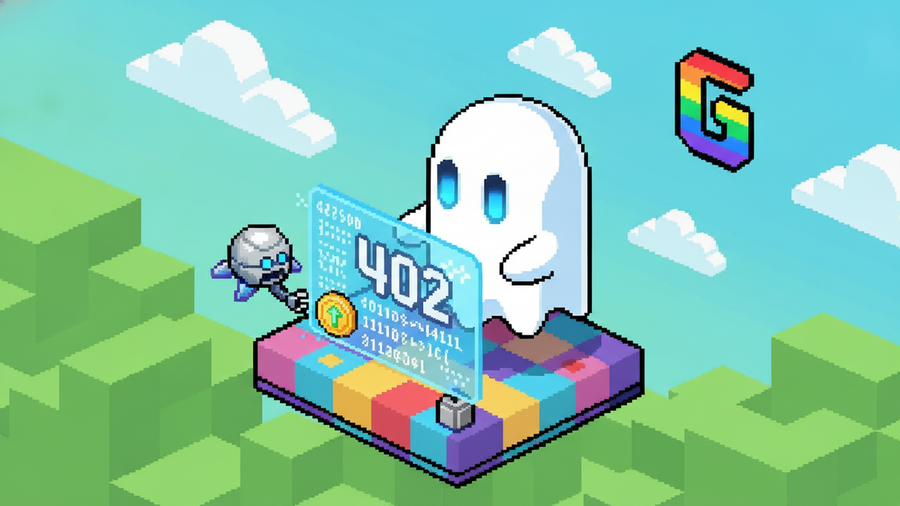16-bit isometric pixel art of the white Ghost mascot with glowing blue rectangular eyes and no mouth. The Ghost stands in a vibrant digital landscape, interacting with a holographic screen displaying 