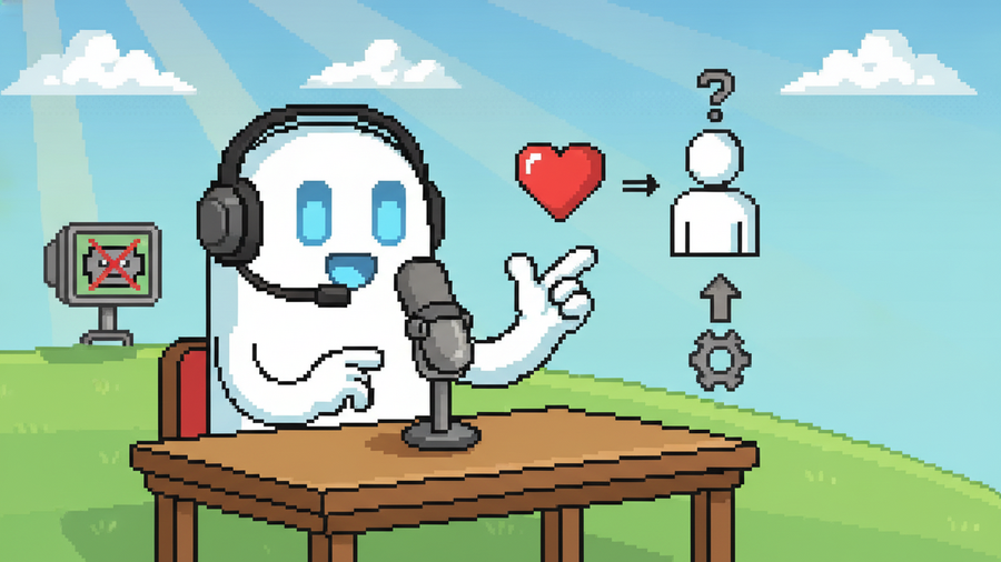 A 16-bit pixel art scene with a white ghost mascot (glowing blue rectangular eyes, no mouth) sitting at a desk in a sunny field. The ghost wears a headset and speaks into a podcast microphone, gesturi