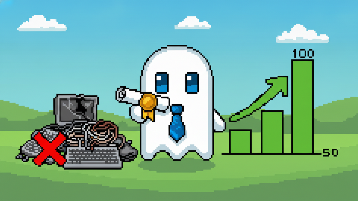 16-bit pixel art header. A white ghost mascot (blue rectangular eyes, no mouth) wearing a blue tie holds a document with a golden seal. It stands between a pile of discarded pixel products with a red 