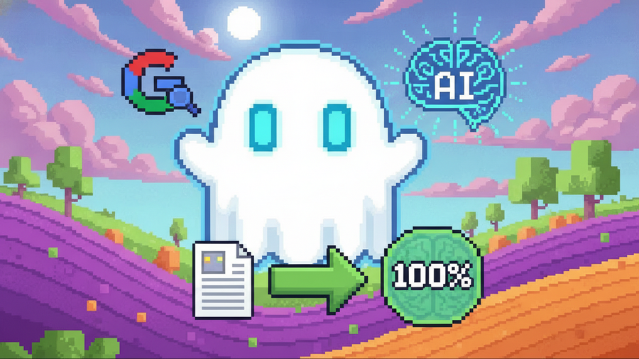 16-bit pixel art. A white ghost mascot with glowing light-blue rectangular eyes and no mouth stands in a vibrant pixel landscape. The ghost interacts with a floating UI: on one side, a colorful 'G' se