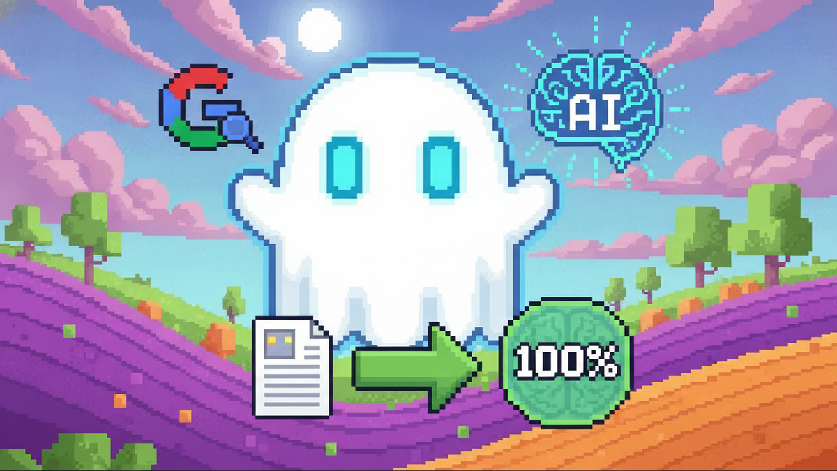 16-bit pixel art. A white ghost mascot with glowing light-blue rectangular eyes and no mouth stands in a vibrant pixel landscape. The ghost interacts with a floating UI: on one side, a colorful 'G' se