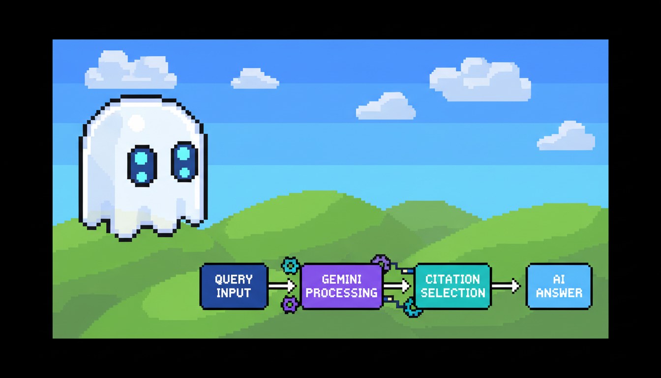 Pixel art infographic showing how Google AI Mode processes a search query step by step from input through Gemini to citation selection and final AI answer