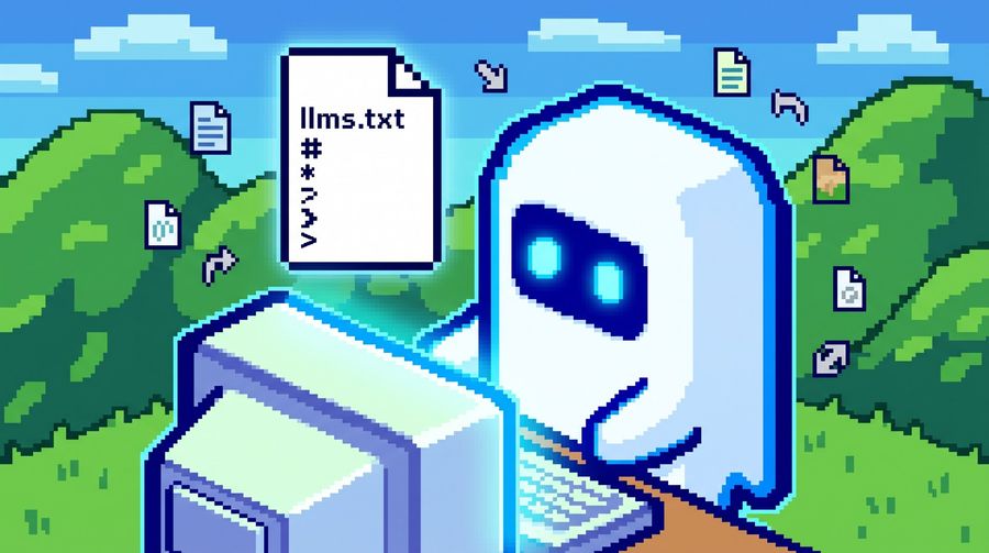 Pixel art ghost with blue eyes — llms.txt AI citation guide, isometric 8-bit illustration