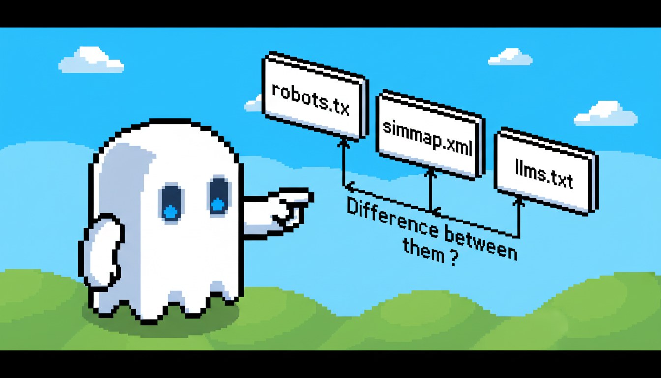 Pixel art blog workspace scene — inline illustration for llms.txt article