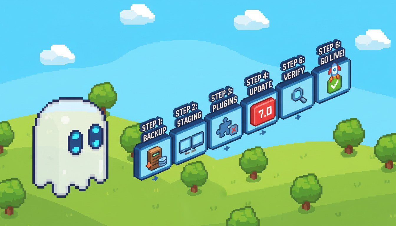 Pixel art infographic showing six WordPress 7.0 upgrade steps: backup, check PHP, test staging, review plugins, update on low-traffic window, verify
