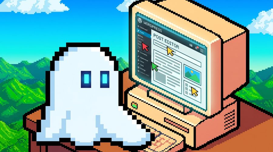 Pixel art ghost character at a glowing pixel computer workstation with multiple colored cursors on a blog editor, representing WordPress 7.0 real-time co-editing