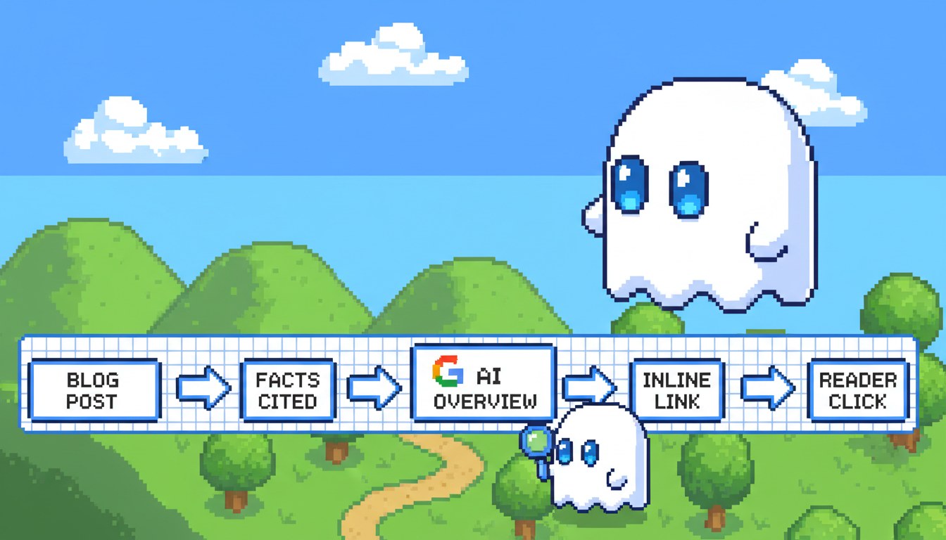 Pixel art infographic diagram showing how Google AI Overviews citation process works step by step